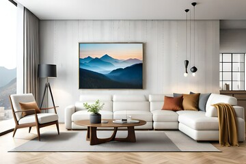 Modern cozy mock up and decoration furniture of living room and empty canvas frame on the white wall texture background, 3D rendering