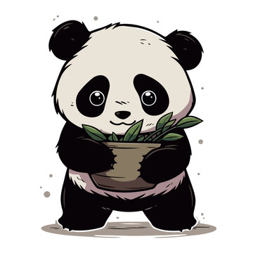 Vector illustration sticker panda eat leaves in cartoon style bright colorful isolated on white background.