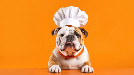 Bulldog in a chef's hat on an orange background, place for your text, banner.