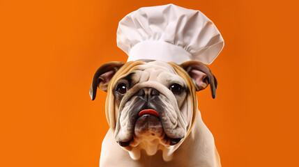 Bulldog in a chef's hat on an orange background, place for your text, banner.