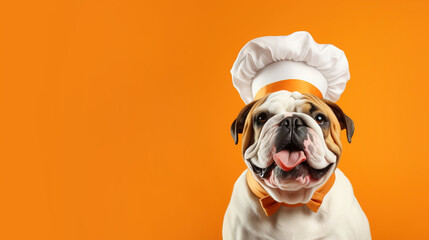 Bulldog in a chef's hat on an orange background, place for your text, banner.