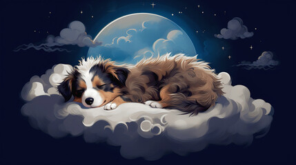 Illustration of a cute dog sleeping on the clouds in the sky