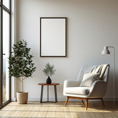 Interior of living room with white walls, tiled floor, comfortable white armchair standing near round coffee table and vertical mock up poster frame. created by generative AI technology.