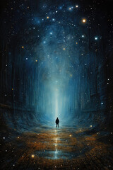 Obraz premium Man in front of a tunnel of stars. created by generative AI technology.