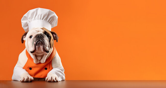 Bulldog in a chef's hat on an orange background, place for your text, banner.