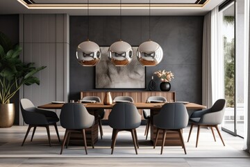 Stylish dining room interior with modern furniture, decor, and elegant accessories.