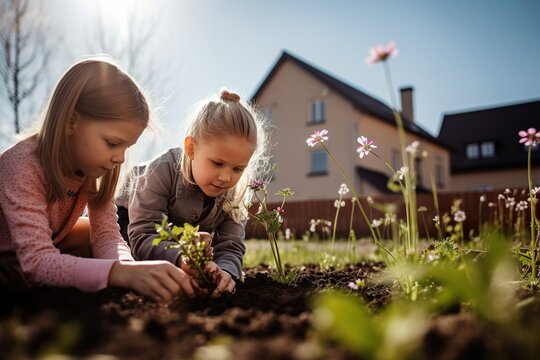 Two girls planting plants in soil in house backyard