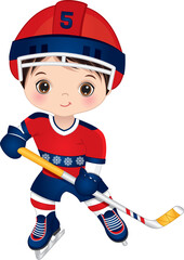 Little Boy Playing Hockey. Vector Hockey Player