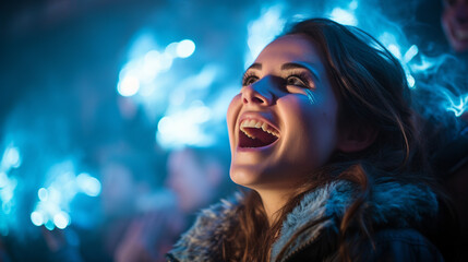 A close-up of a female fan's face illuminated by the glow of her team's victory, capturing her uncontainable excitement, hockey fan, victory Generative AI