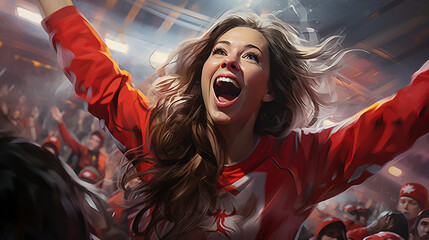 An image of a female fan joining a victory dance in the stands, her energy and elation matching her team's triumph, hockey fan, victory Generative AI