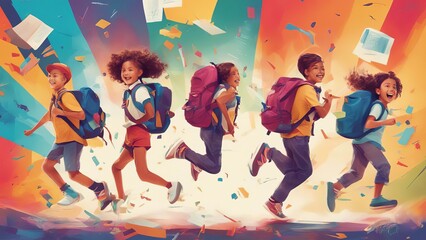 school children on a colorful paper wall background. Children with backpacks. Children are happy and ready to learn. Dynamic images.