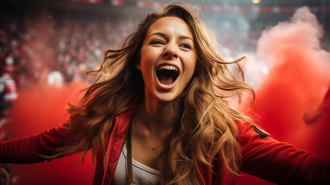 An image of a female fan joining a victory dance in the stands, her energy and elation matching her team's triumph, hockey fan, victory Generative AI