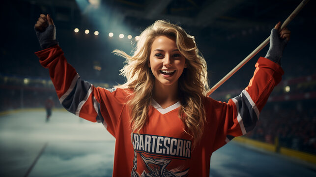 An image of a female fan proudly holding up a banner that reads "We're Champions!", radiating happiness after the victory, hockey fan, victory Generative AI