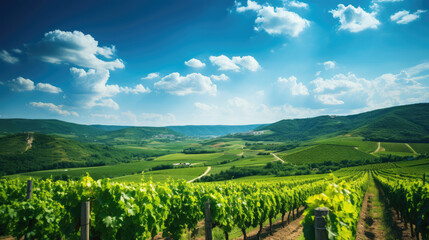 Naklejka premium Landscape of vineyard in green hills and blue sky with clouds. created by generative AI technology.