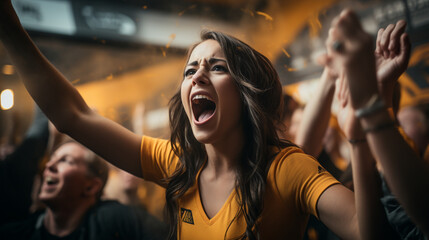 A dynamic shot of a female fan fist-pumping the air with an ecstatic expression, reveling in her team's well-deserved win, hockey fan, victory Generative AI