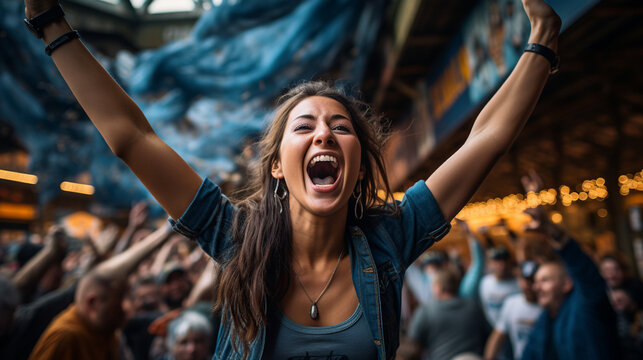 An image of a female fan jumping and celebrating with a group of fellow fans, capturing the elation of shared victory, Football fan, victory Generative AI