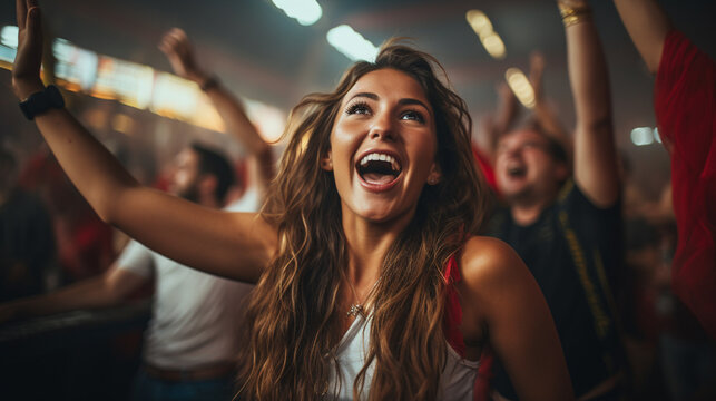 An image of a female fan dancing in the stands, her excitement and enthusiasm evident as her team clinches victory, Football fan, victory Generative AI