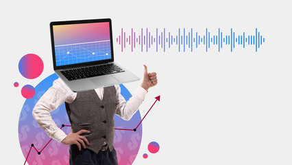Businessman with laptop head listening to voice message. Online meeting with colleagues. Contemporary art collage. Concept of business, office, technology, gadget, innovation, internet, success, ad