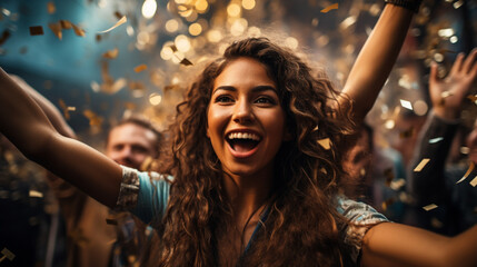 Fototapeta premium An image of a female fan surrounded by confetti and celebrating with her fellow supporters, reveling in the moment of victory, Football fan, victory Generative AI