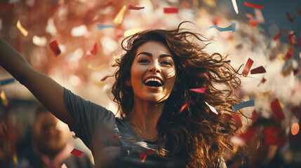 Obraz premium An image of a female fan surrounded by confetti and celebrating with her fellow supporters, reveling in the moment of victory, Football fan, victory Generative AI