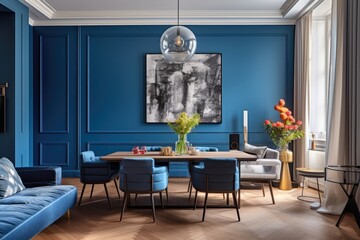 Small and nicely designed living room with modern dining table and stylish blue wall with molding presented in a panorama.