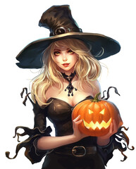 A young witch in a wide-brimmed hat holds a pumpkin in her hands - 635857996