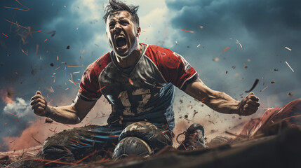 A football player sliding on their knees across the field, pumping their fists in celebration of a championship win, Football, victory Generative AI