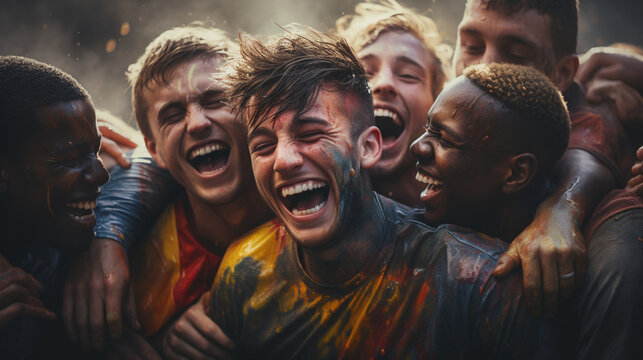 A group of football players embracing each other in a huddle, their faces radiating joy and elation after a hard-fought victory, Football, victory Generative AI