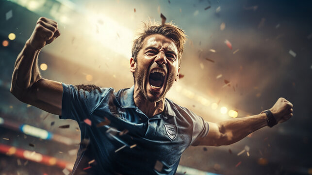 A close-up of a football player with a triumphant expression, fist raised in the air after scoring the winning goal, Football, victory Generative AI