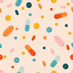 Pills, drugs, vitamins colorful seamless pattern. Healthcare and medicine concept. Hand drawn modern vector illustration for web banner, card design, print. 