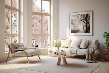 A Scandinavian style room with light walls, big windows, and stylish furniture, rendered in 3D.