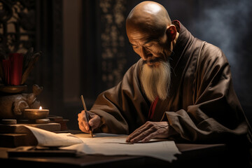 Fototapeta na wymiar Old Chinese monk practicing calligraphy, brush in hand, old Chinese monk Generative AI