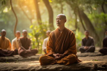 Old Chinese monk guiding a group in a tranquil meditation session, old Chinese monk  