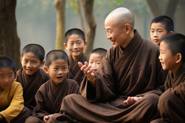 Old Chinese monk teaching a group of children about mindfulness, old Chinese monk  