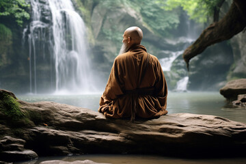 Old Chinese monk in a quiet moment, gazing at a waterfall's flowing waters, old Chinese monk  