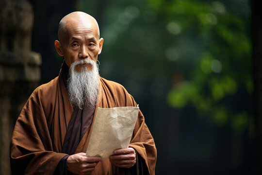 Old Chinese monk in traditional robes, holding an ancient scroll, old Chinese monk  