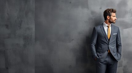 A shot of a man in a tailored suit standing beside a sleek office wall, looking focused and ready to tackle challenges, wide banner with copy space area Generative AI