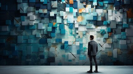 An image of a man in a suit standing by an artfully designed wall, emphasizing creativity and innovation in business, wide banner with copy space area Generative AI