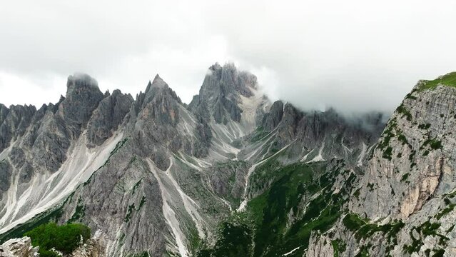 Aerial view Cadini di Misurina mountain group in Dolomites, Italy, part of Tre Cime di Levaredo national park and UNESCO world heritage site.