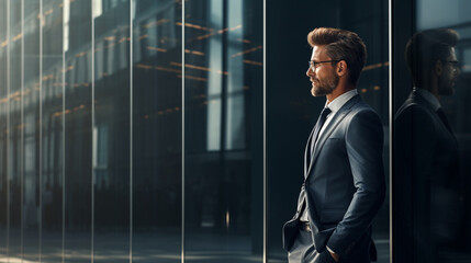 An image of a businessman standing elegantly by a glass-paneled wall, exuding professionalism and sophistication, wide banner with copy space area Generative AI