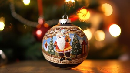 Fototapeta na wymiar Christmas bauble with santa claus and christmas tree in the background