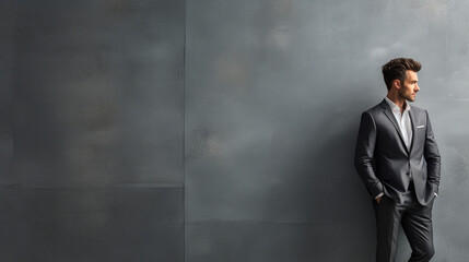 Obraz premium A well-dressed man in a business suit leaning confidently against a modern concrete wall, contemplating future plans, wide banner with copy space area Generative AI