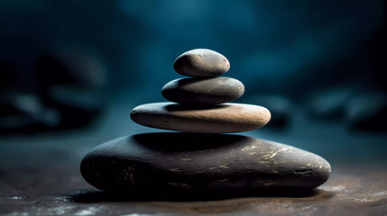 Yoga, meditation. Pyramid of  flat stones lying on top of each other. Macro shooting. Shallow depth of field. Generative AI technology.