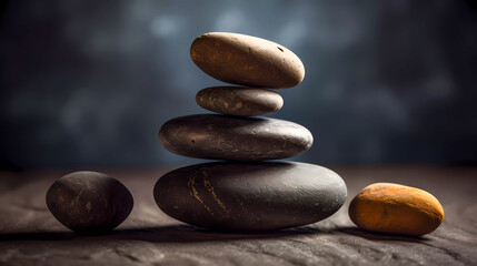 Yoga, meditation. Pyramid of  flat stones lying on top of each other. Macro shooting. Shallow depth of field. Generative AI technology.