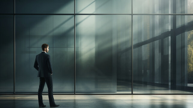 An image of a businessman standing elegantly by a glass-paneled wall, exuding professionalism and sophistication, wide banner with copy space area Generative AI