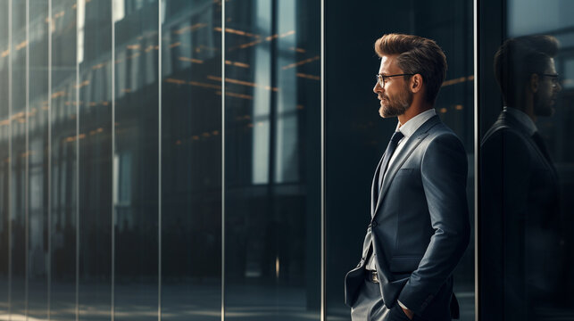 An image of a businessman standing elegantly by a glass-paneled wall, exuding professionalism and sophistication, wide banner with copy space area Generative AI