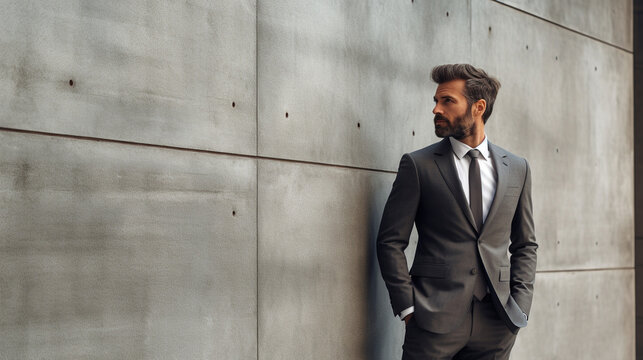 A well-dressed man in a business suit leaning confidently against a modern concrete wall, contemplating future plans, wide banner with copy space area Generative AI