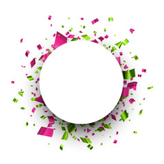 White round frame with pink and green foil confetti.