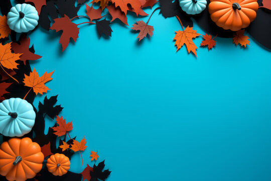 Halloween frame with party decorations of pumpkins, bats, ghosts, spiders on blue background from above. Happy halloween card in flat lay style. Generative AI.