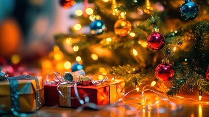 Christmas tree and gifts on bokeh background. New Year.